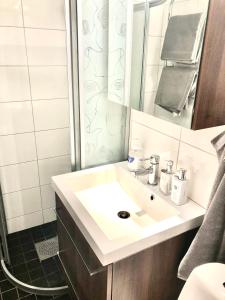 锡格蒂纳Lovely studio in the citycenter of Sigtuna的浴室设有白色水槽和镜子