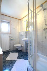 海利根布卢特兰德豪斯艾尔喷罗斯 - 弗瑞恩德米兹尔皮克勒旅馆的带淋浴、盥洗盆和卫生间的浴室