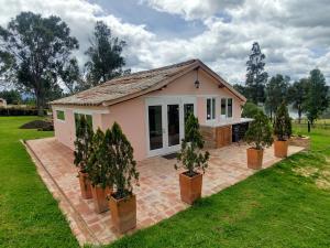 莱瓦镇Hacienda El Pinar del Viento的一座小粉色房子,院子里有盆栽树木
