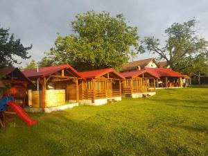 ChişcăuPensiunea Anisoara的一排带红色屋顶的小木屋