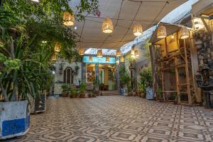 亚喀巴Al Riyati Hotel Apartments的商店的过道,有盆栽植物和灯