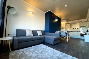 米德尔斯伯勒Middlehaven Apartment的一间带蓝色沙发的客厅和一间厨房