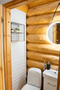 普马拉Loma-Autio Aamurusko的一间带木墙、卫生间和水槽的浴室
