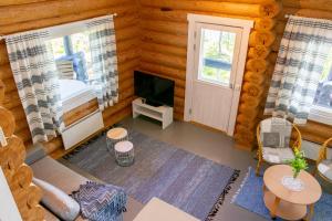 普马拉Loma-Autio Aamurusko的小木屋内的客厅配有沙发和电视