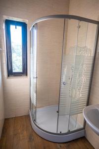VişanPensiunea VisAventura的带淋浴的浴室,配有窗户和水槽