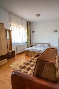 VişanPensiunea VisAventura的一间卧室配有两张床和一张沙发。