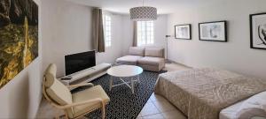 阿尔勒阿尔勒中心公寓的客厅配有床、桌子和电视