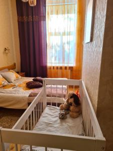 利耶帕亚Libau Baden apartamenti的一只泰迪熊坐在卧室的婴儿床上