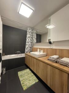 维也纳Modern Danube Apartment Vienna的一间带水槽、浴缸和镜子的浴室