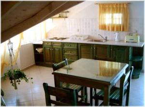瓦西里科斯LEMON GARDEN的厨房配有桌子、水槽和台面