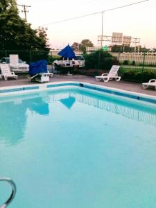 杰斐逊维尔RED CARPET INN LOUISVILLE NORTH -Jeffersonville In的一个带椅子和桌子的大型蓝色游泳池