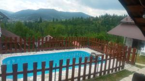 斯拉夫西克Біля лісу Шале з двома спальнями的一座带围栏和山脉的游泳池