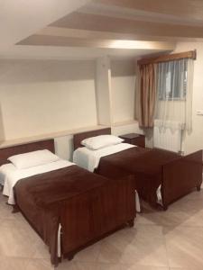 克瓦雷利Guesthouse Raisa的酒店客房设有两张床和窗户。