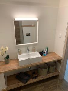 捷克利帕Apartmány LUXOR的浴室设有白色水槽和镜子