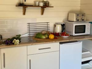 多切斯特Primrose Cabin的厨房设有微波炉、蔬菜和炉灶