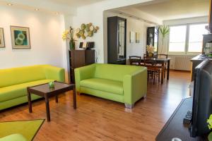 奥斯特西巴德钦诺维茨Ferienwohnungen Villa Vedro的一间带两张绿色沙发的客厅和一间用餐室