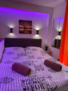 皮兰Villa Piran luxury apartments的一间卧室配有一张大床和两个枕头
