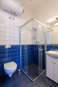 利耶帕亚Komodora nams的带淋浴、卫生间和盥洗盆的浴室