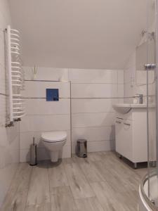 Brzeźno SzlacheckieKaszubska Przystań的白色的浴室设有卫生间和水槽。