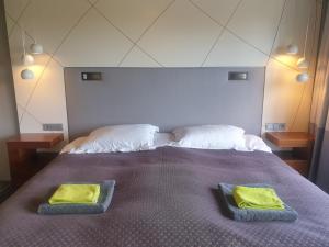 Ilmatsalu伊玛萨露汽车旅馆的一间卧室配有一张带两张绿毛巾的床