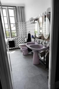 阿尔比LE CHERCHE MIDI Chambres d'hôtes avec CUISINE EQUIPEE grand jardin PARKING SECURISE GRATUIT的浴室设有2个水槽和2面镜子