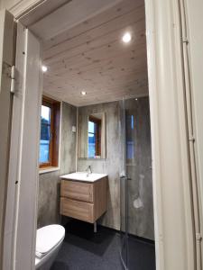 洛姆STORHAUGEN GARD的浴室配有卫生间、盥洗盆和淋浴。