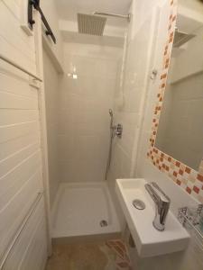 罗维尼Bunari Studio Apartment的带淋浴和盥洗盆的白色浴室