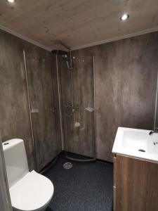 洛姆STORHAUGEN GARD的浴室配有卫生间、淋浴和盥洗盆。