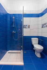 布尔加斯Seaman's house的蓝色的浴室设有卫生间和淋浴。