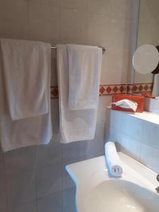 圣马丁Das Landhotel Weingut Gernert的浴室设有挂在架子上的白色毛巾