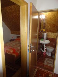 扎布利亚克快乐旅馆的一间带水槽和卫生间的浴室以及一张床