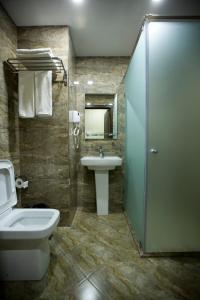 巴库Kristal Inn Hotel的一间带水槽、卫生间和淋浴的浴室