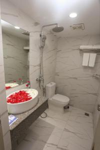 仰光Yangon Win Hotel的浴室配有盥洗盆、卫生间和浴缸。