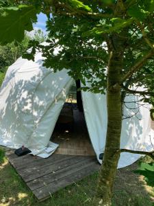 South BarrowDGG Woodland Escape的树旁甲板上的白色帐篷