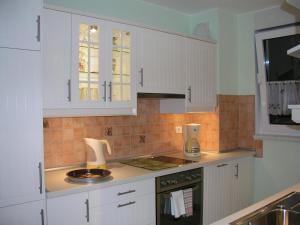 柏林新威尼斯之家公寓的厨房配有白色橱柜和炉灶烤箱。
