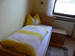 阿勒斯贝格Pension zur Einkehr的一间卧室配有一张带黄色床单的床和一扇窗户。