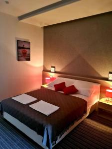 斯拉沃尼亚布罗德BoNiToS, SOBE-ROOMS的一间卧室配有一张带红色枕头的大床