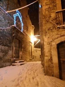 CansanoIL PIACERE DELLA NATURA的一条有 ⁇ 虹灯标志的雪覆盖的街道
