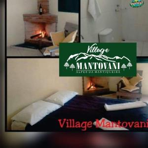 拉夫里尼亚斯Pousada e Restaurante Village Mantovani的卧室两张照片,配有一张床和一个壁炉