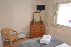 DunsfordThe Royal Oak Inn的一间卧室配有一张床、镜子和椅子