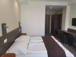 巴拉顿菲赖德Hotel Tagore的一间卧室配有一张大床和一张书桌
