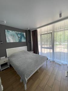 卡罗利诺-布加兹Золотой Бугаз, Колоски, апартамент 7/1的一间卧室设有一张床和一个大窗户