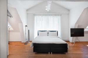 蒙特勒The Studios Montreux - Swiss Hotel Apartments的一间卧室配有一张床和一台平面电视