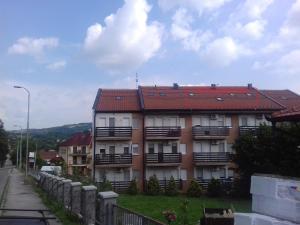 Gornja ToplicaApartman Sky Banja Vrujci的街道上一座红色屋顶的建筑