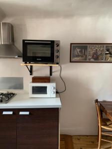 阿尔贝维尔Au Cheval Blanc - appartements et chambres d'hôtes的带微波炉的厨房和台面电视