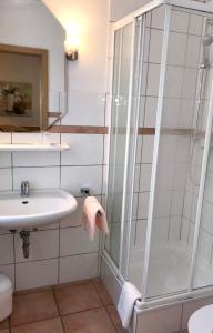施洛斯霍尔特-斯图肯布罗克Pension Dirkschnieder的带淋浴和盥洗盆的浴室