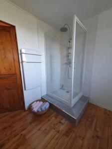 La SoucheLE CLOS DU MOUY的带淋浴的浴室和木地板。