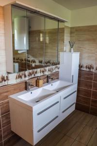 DorogházaForest Luxury Apartman的一间带两个盥洗盆和大镜子的浴室