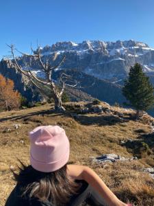 塞尔瓦迪加尔代纳山谷Arya Alpine Lodge的坐在山顶上戴着粉红色帽子的女人