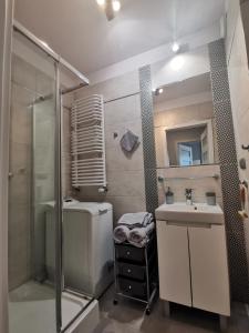 弗罗茨瓦夫Elegant & Cosy的带淋浴、盥洗盆和卫生间的浴室